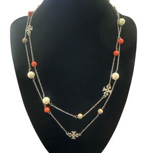 Tory Burch Gold and Red Multi-Strand & Pearl Long Necklace